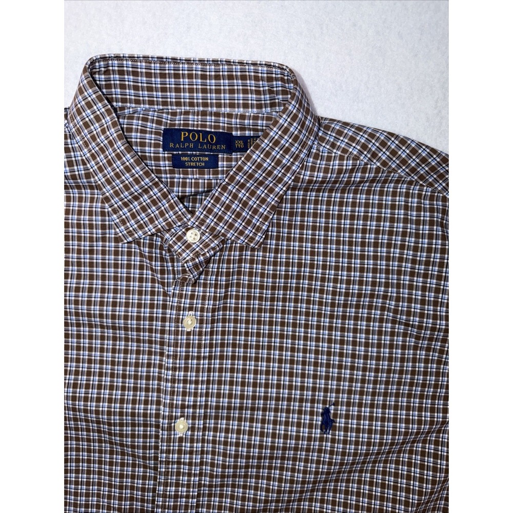 Ralph Lauren Mens XXL Gingham Check Button Down Shirt Brown Blue Cotton